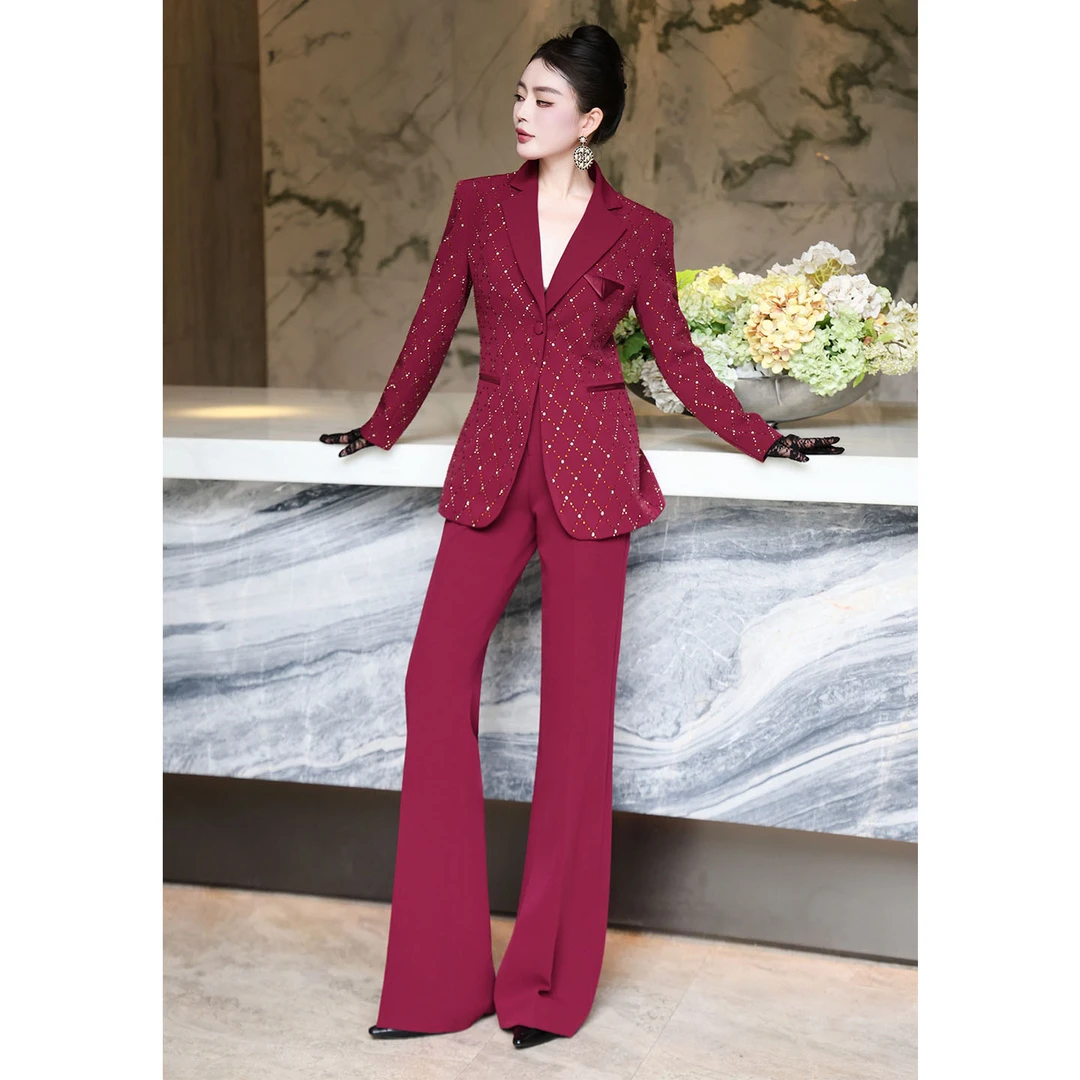 2025秋新款重工彩钻闪闪奢华气质高级感一粒扣西装长裤套装两件套