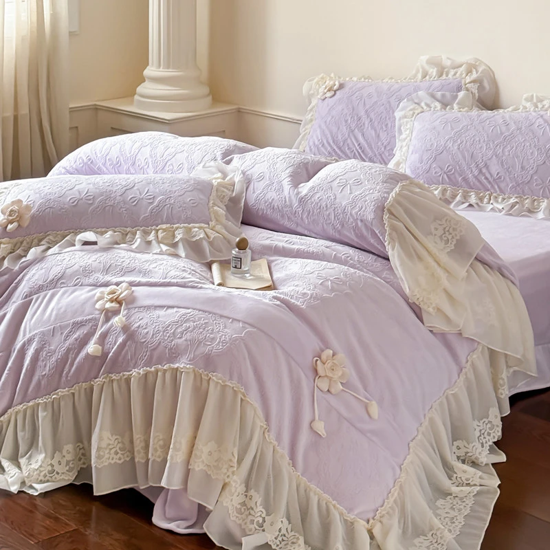 裙边法式雕花韩版花边款加厚牛奶绒四件套床上用品被套加绒双面绒
