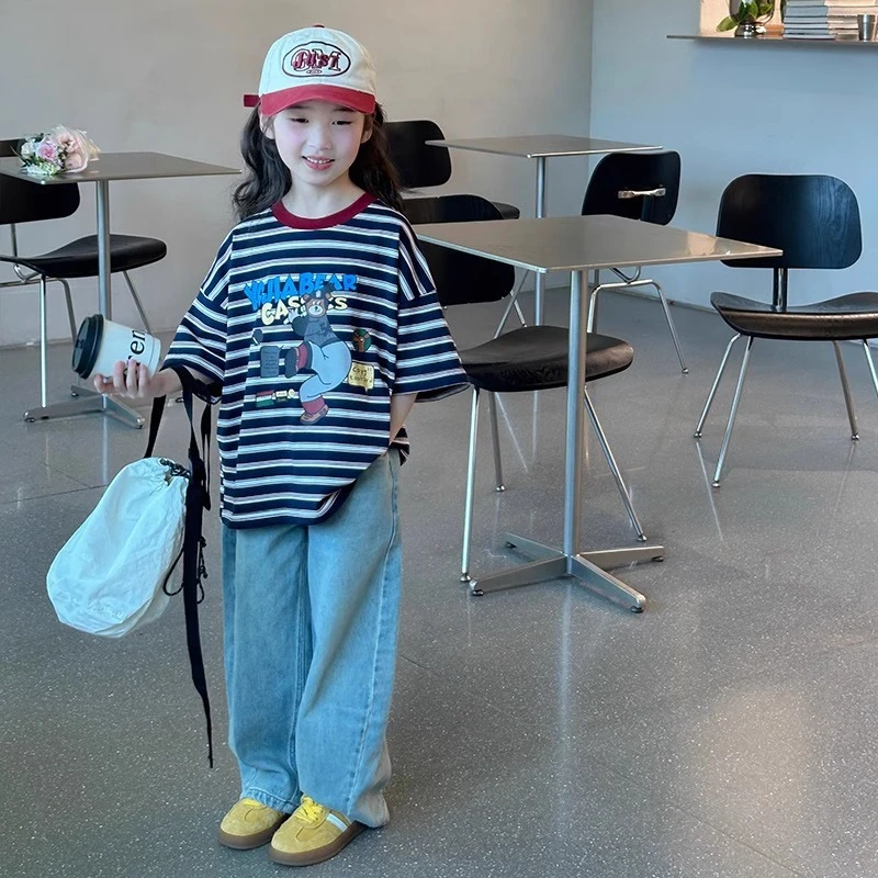 夏季新款女童短袖T恤夏季2025简约洋气条纹卡通儿童半袖上衣T恤