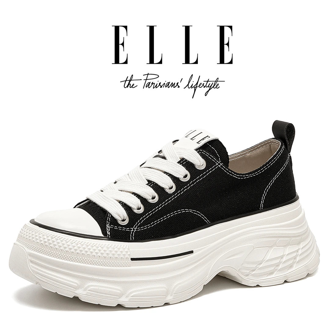 ELLE经典黑白显瘦厚底帆布鞋女秋季板鞋小个子6cm增高百搭休闲鞋