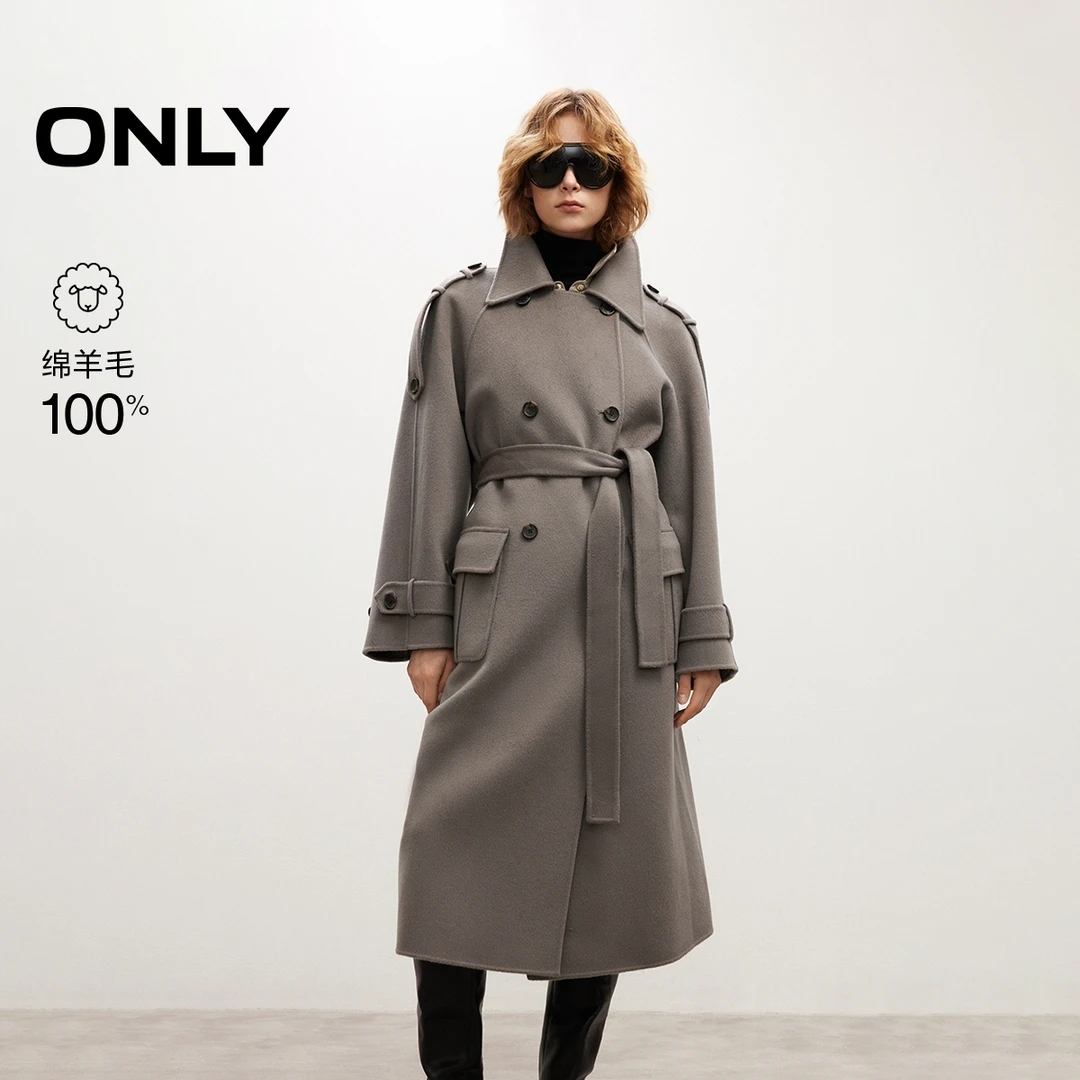 ONLY2025秋季新款宽松廓形纯绵羊毛收腰翻领毛呢大衣女|12536U012