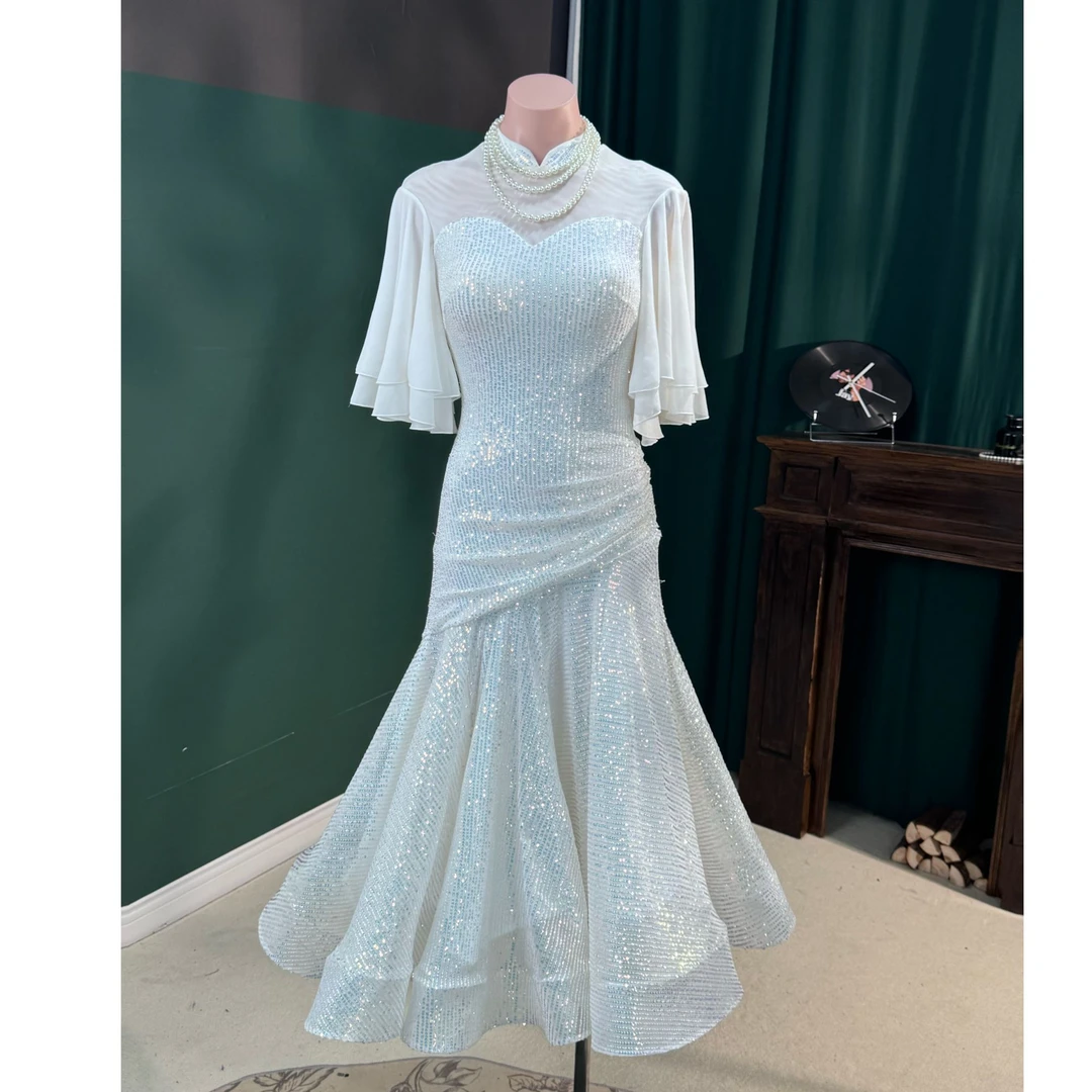 舞维时空新款原创白色仙气亮片重工可拆卸袖飘表演摩登服LY0053