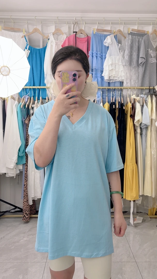 慵懒风宽松V领大版短袖t恤女新款显瘦雪花棉冰丝上衣夏