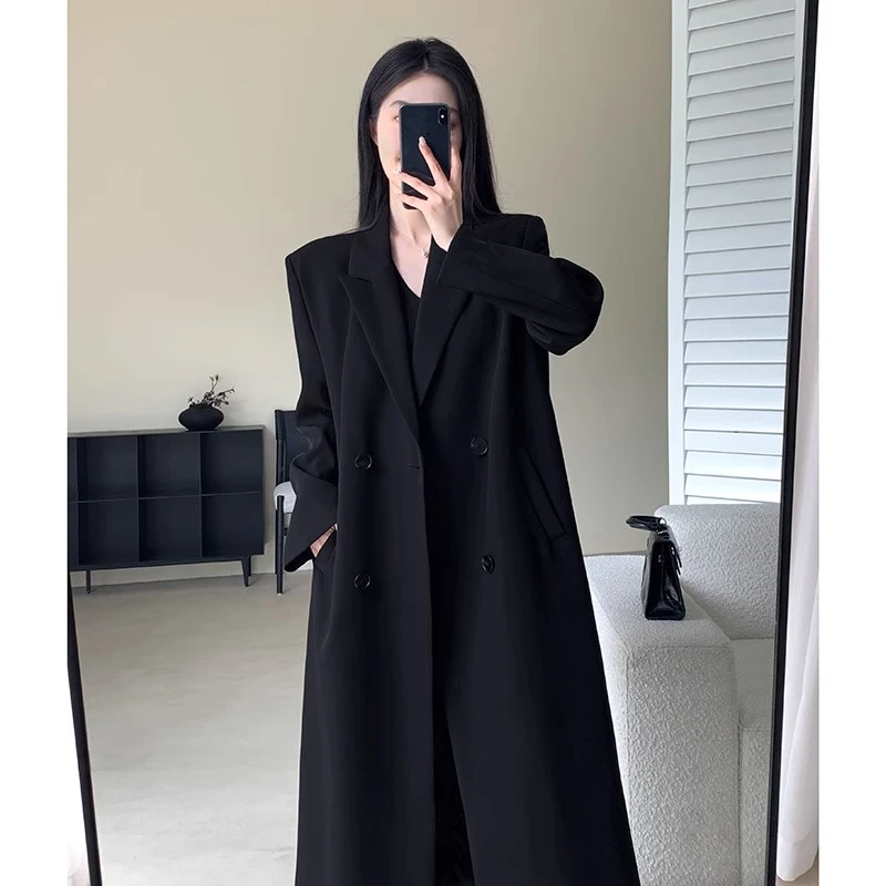 加大码黑色长款风衣外套女2025秋季新款胖mm休闲双排扣高个子大衣