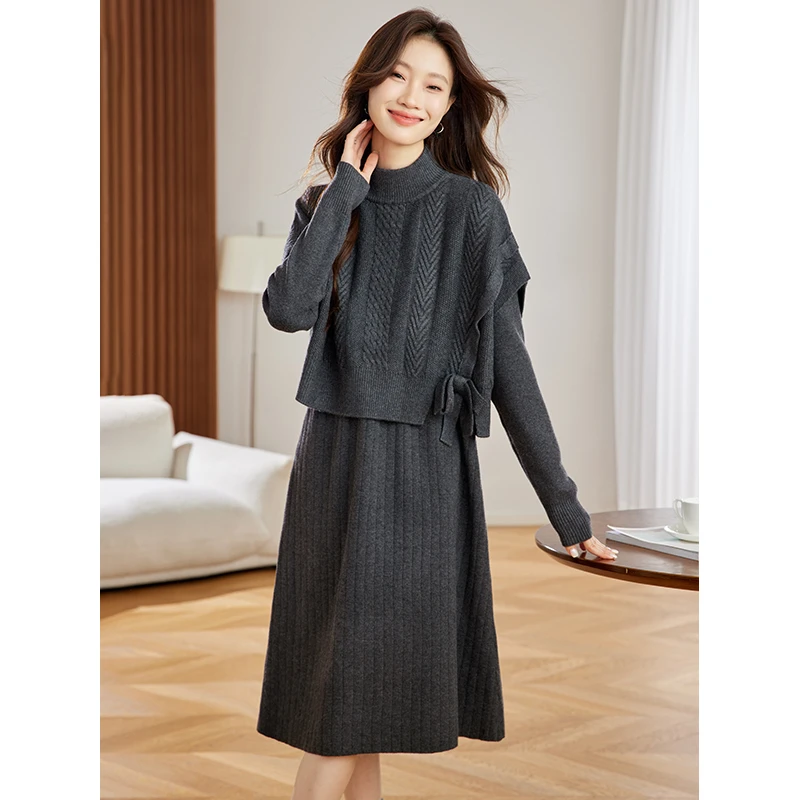 春秋女装冬季针织连衣裙两件套2025新款高级感半高领时尚毛衣裙
