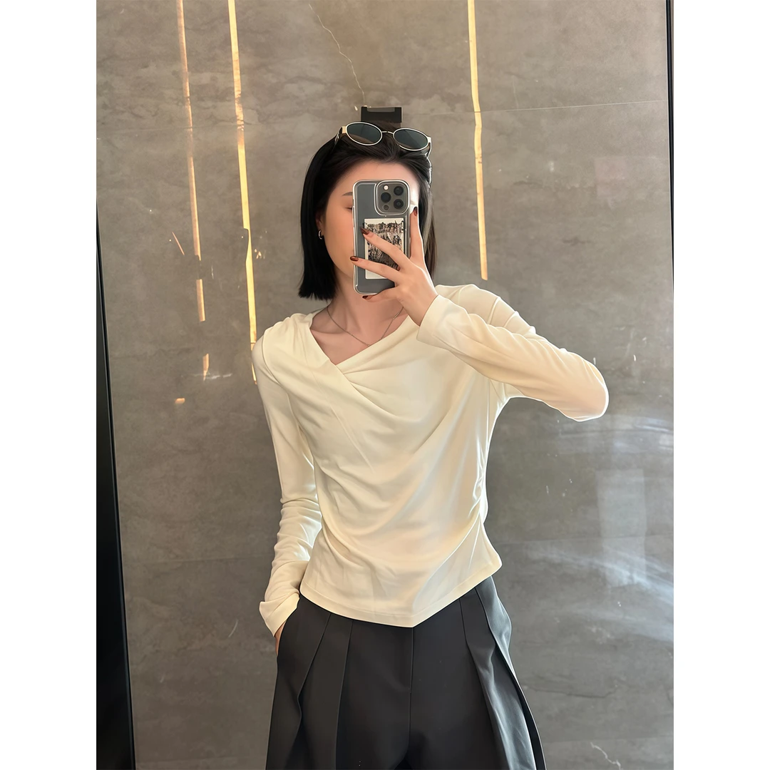 纯欲辣妹荡领长袖T恤女秋季新款修身显瘦小众设计感百搭打底上衣