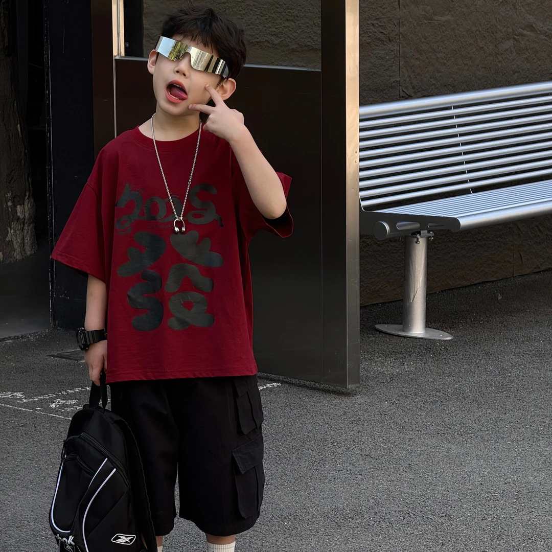 A.MU2025春夏款A.MU2025夏季新款韩版男童时尚百搭圆领发财字母T