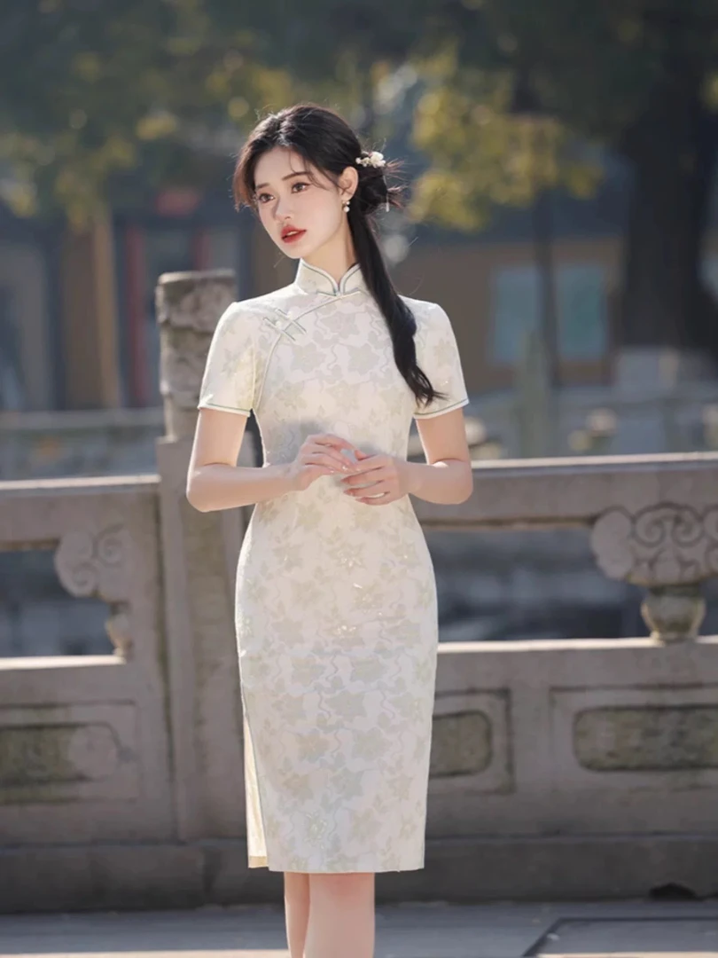 【2461 中长款 提花牡丹 香槟色】显瘦气质修身优雅复古中国风旗袍