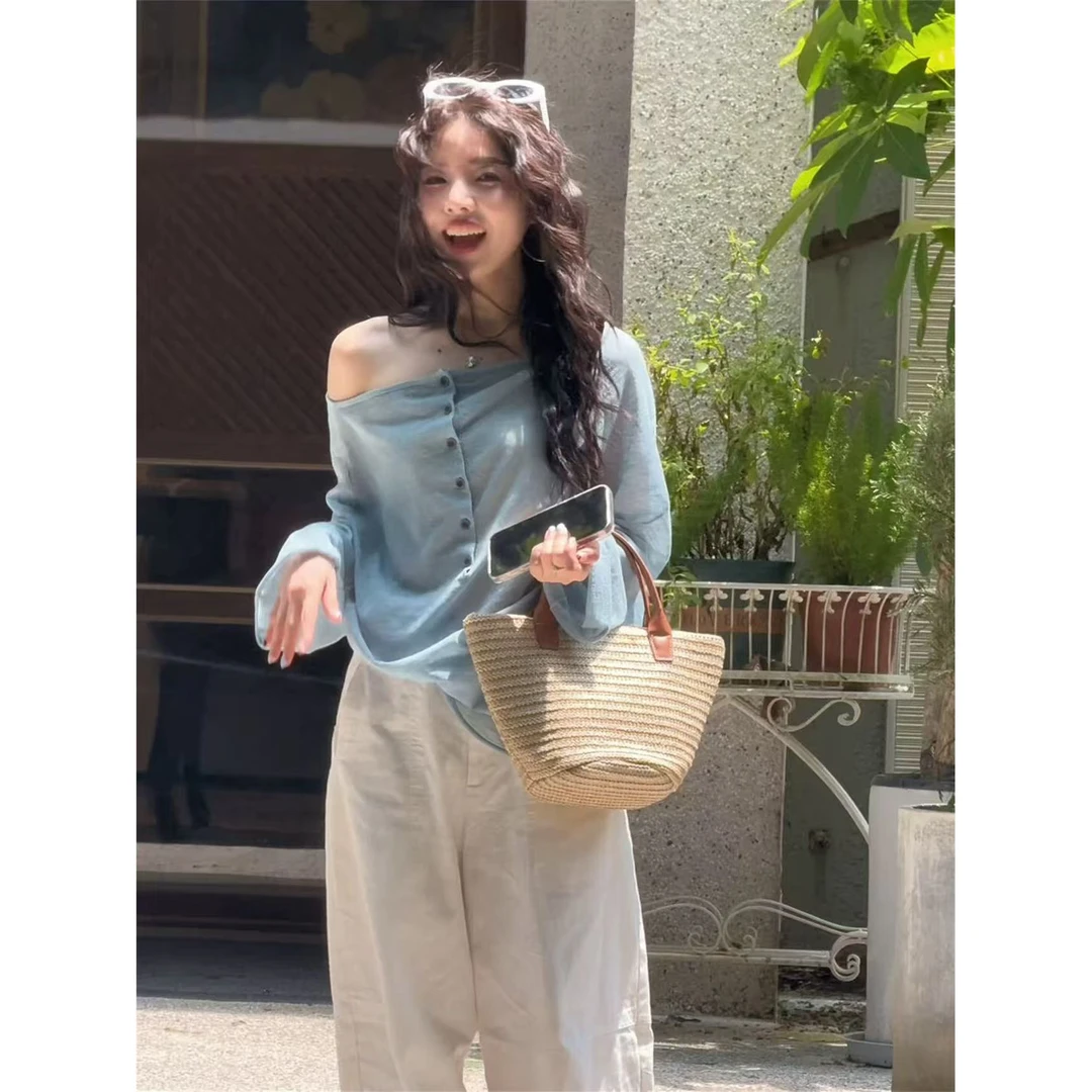 无D推荐~蓝色半开领一字肩长袖T恤女夏季慵懒风罩衫薄纱上衣