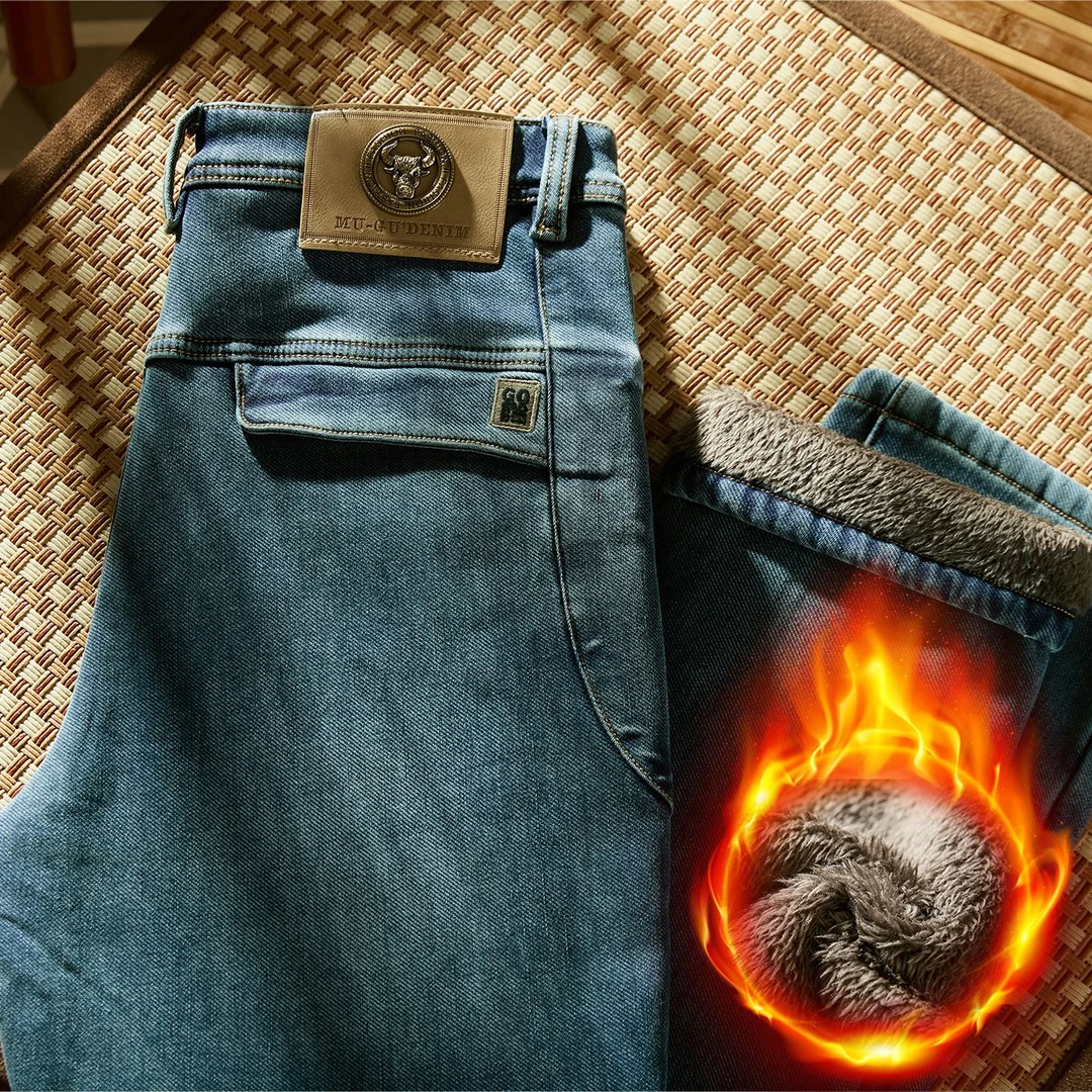 冬季火山棉加绒加厚复古弹力洗水休闲商务直筒牛仔裤子
