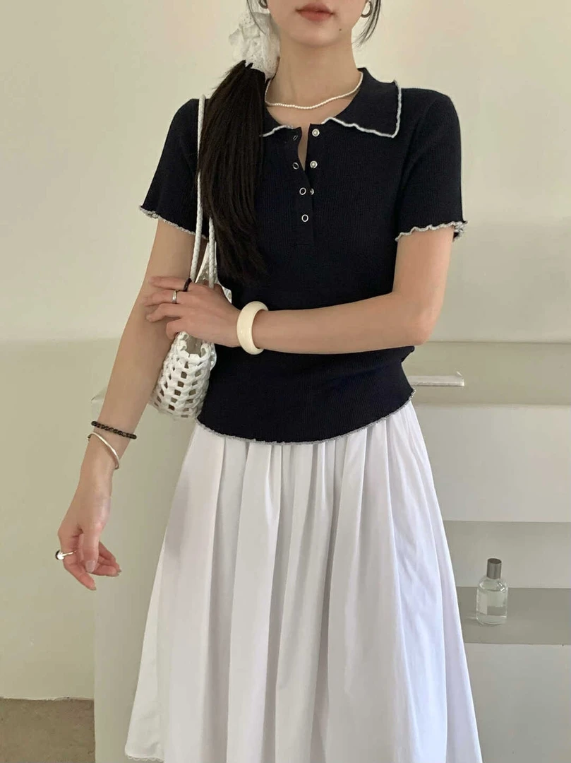 3601夏季三分袖短袖通勤风女毛针织衫polo短款复古工装风