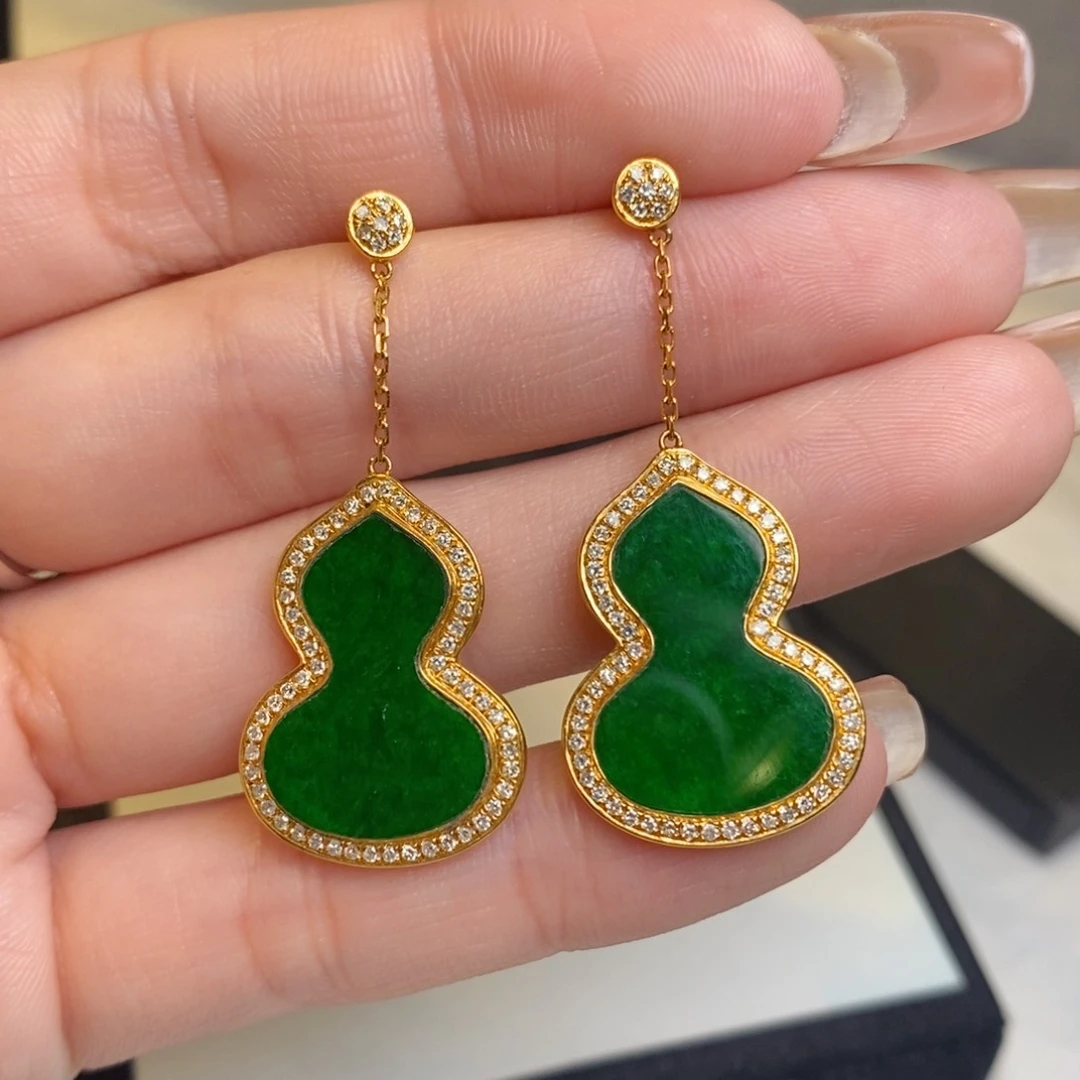 翡翠耳饰18K金镶嵌葫芦