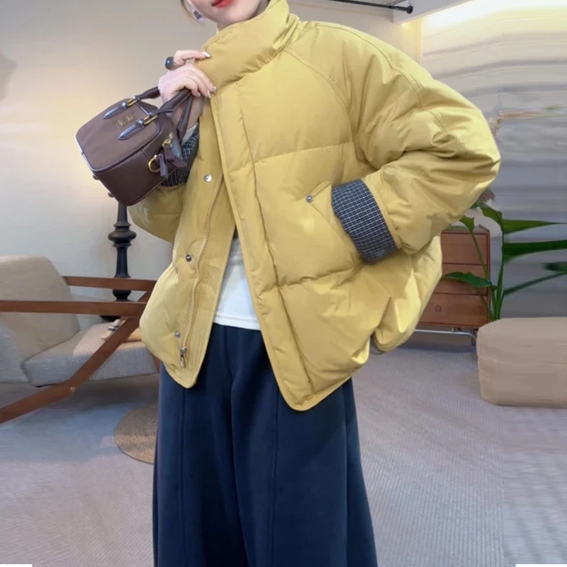 时尚千鸟格袖拼接棉服女2025冬立领蓬松短款版型日常松弛利落穿搭