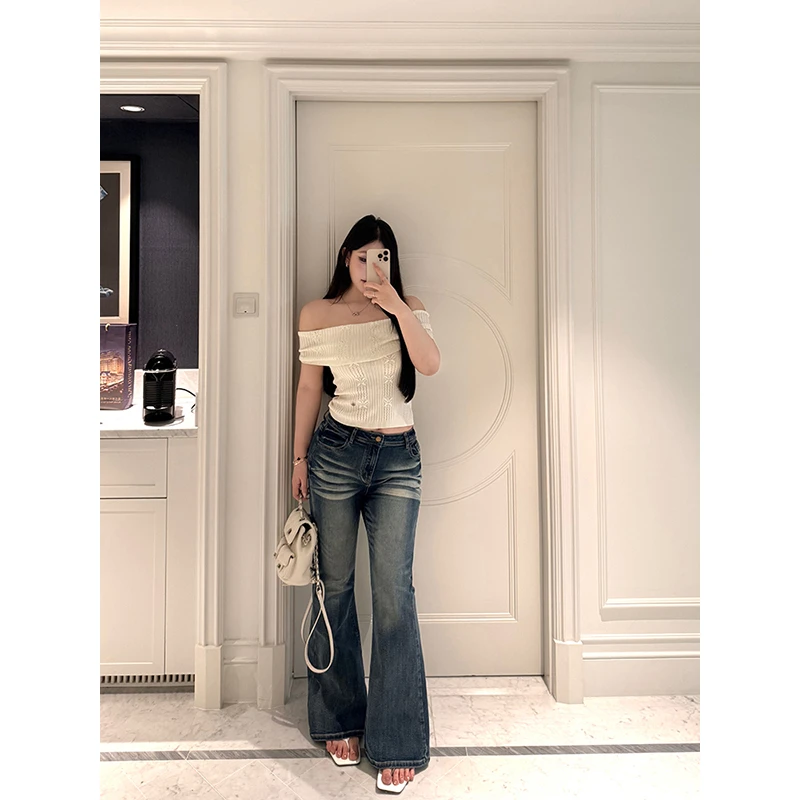 黑泽玄七“不二古着裤"夏日辣妹多道重洗水猫须微喇不贴腿牛仔裤