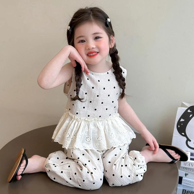 女童波点套装2025新款儿童夏季洋气时髦夏装无袖背心甜美两件套