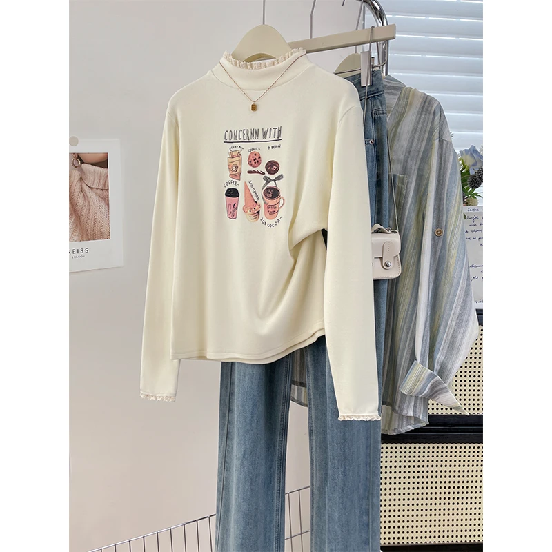 韩系少女风蕾丝拼接长袖打底衫卡通印花加绒加厚女装内搭上衣ins