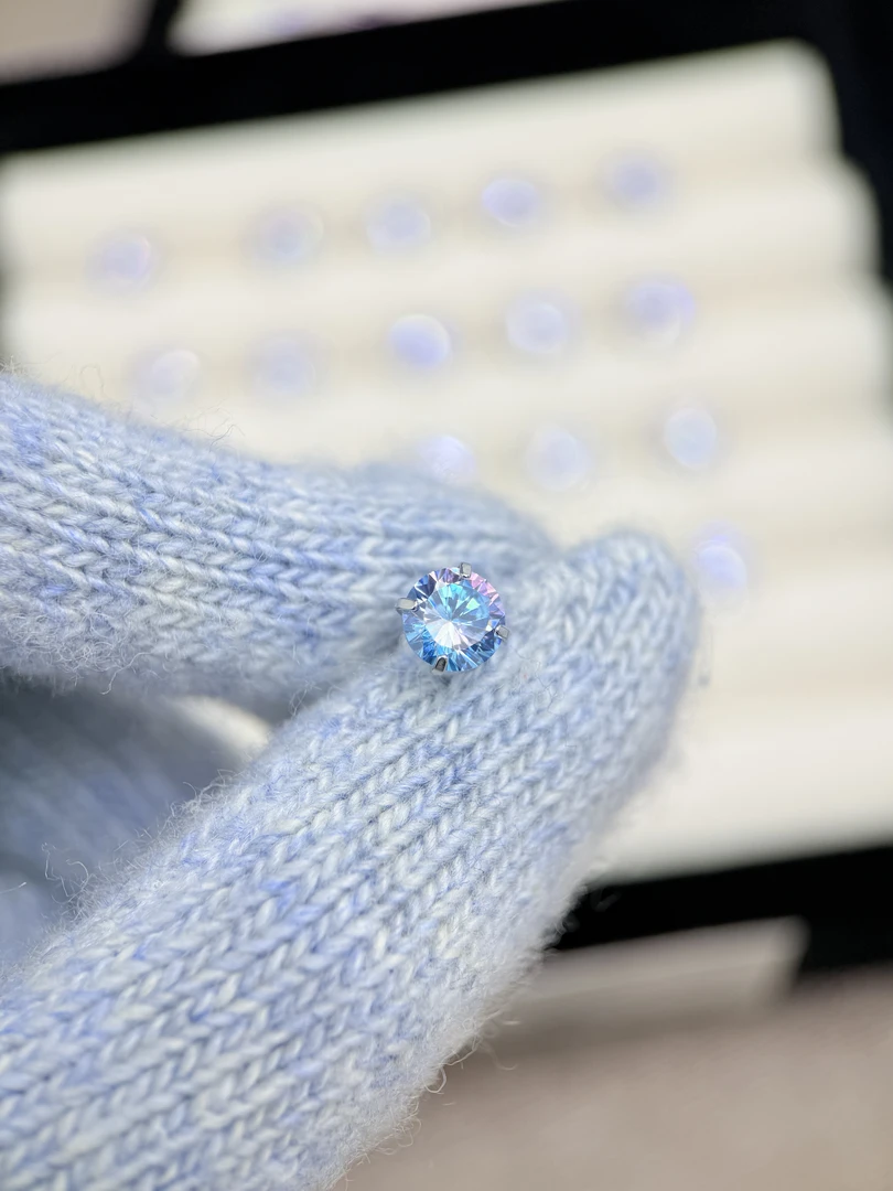 钛钢锆石耳饰 A735 蓝粉色八箭八心锆石7mm精致耳骨钉耳钉