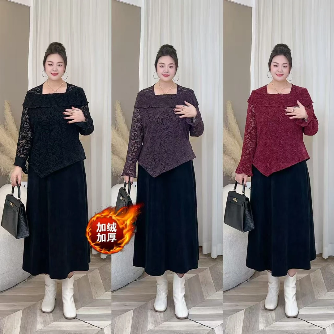 【现货加绒仅上衣】梅姐秋冬季气质时尚蕾丝上衣大码女装MJ9549