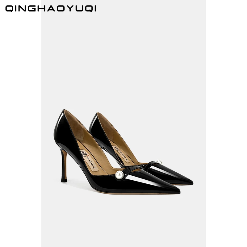 2025年新款尖头浅口高跟鞋珍珠百搭气质时尚小众细跟女鞋