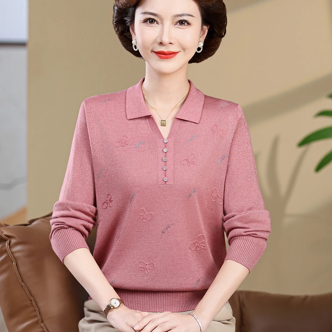 妈妈装春秋新款翻领上衣洋气时尚中老年女装宽松大码针织打底小衫