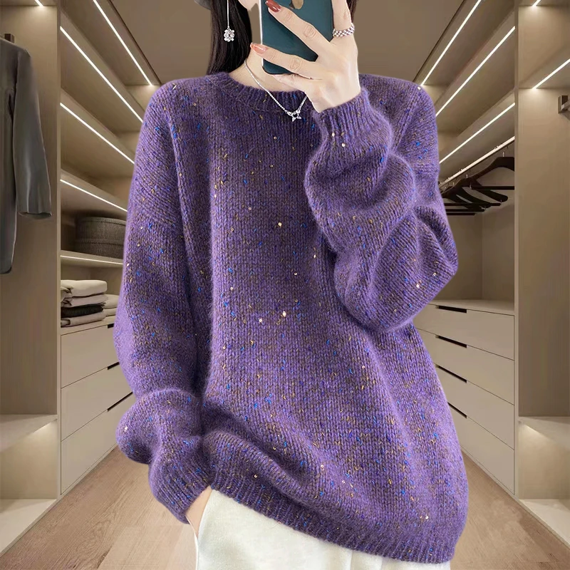 圆领宽松慵懒风套头长袖针织衫毛衣女款爆款2025款网红款洋气上衣