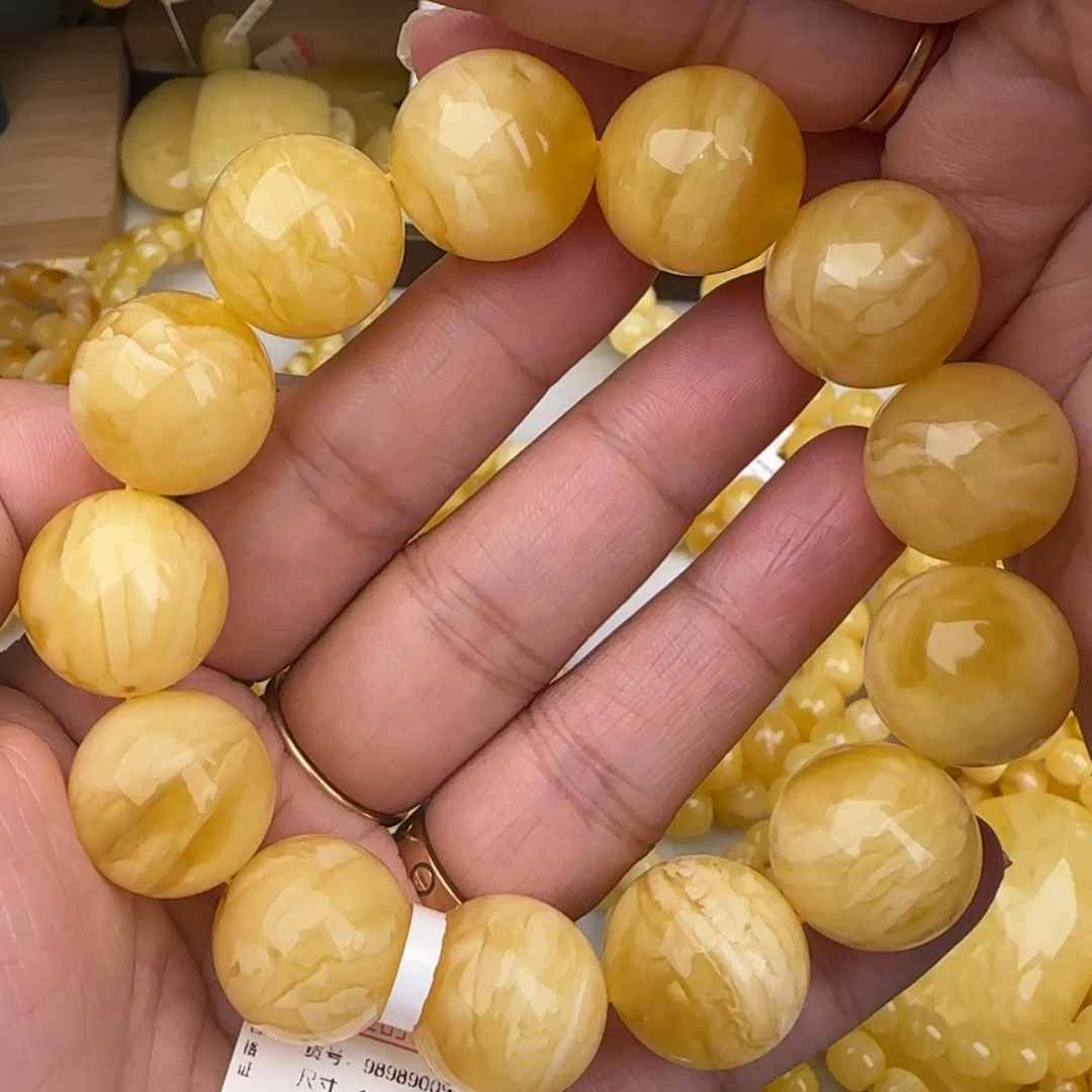 蜜蜡未镶嵌手链奶咖虎皮妖花圆珠手串