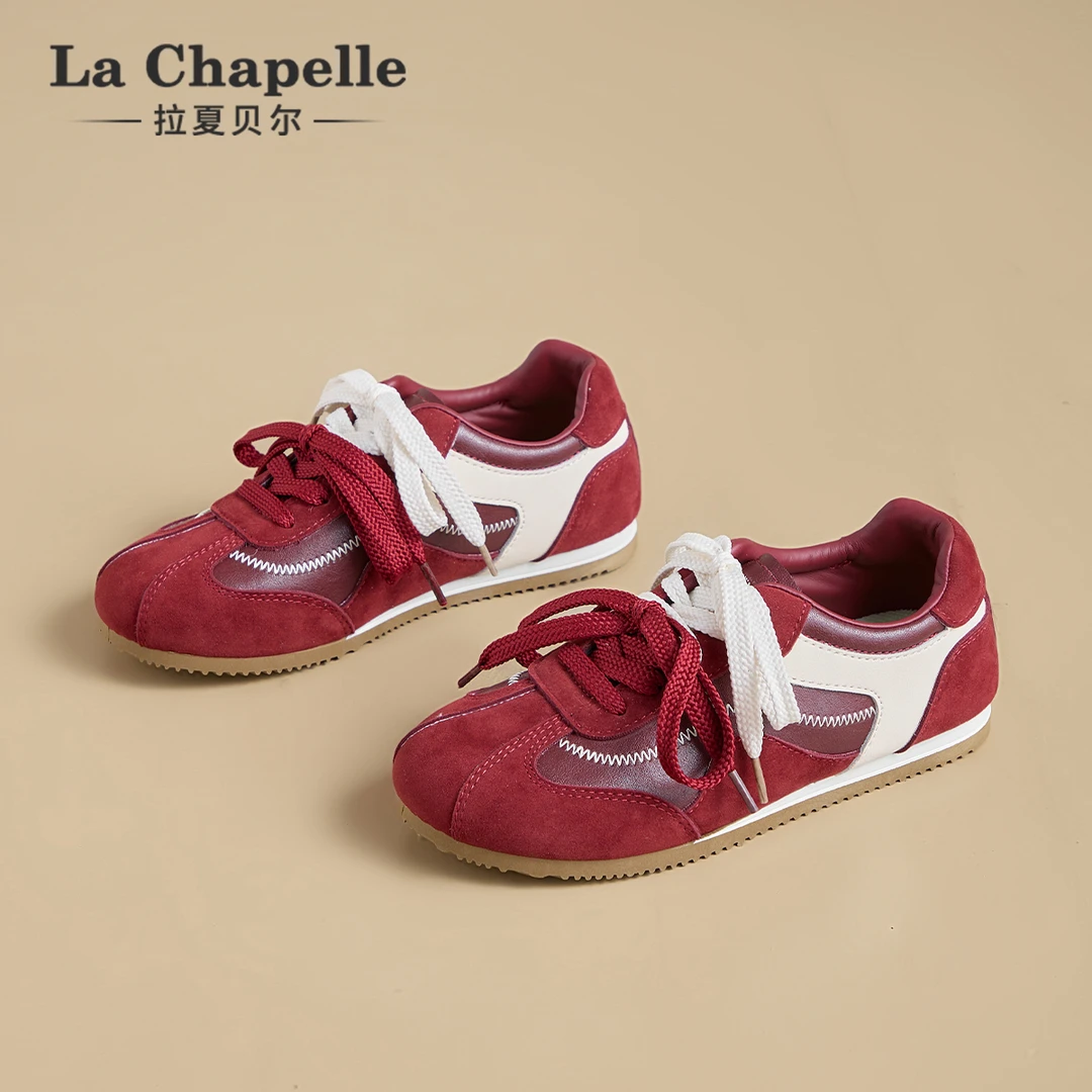 拉夏贝尔红色德训鞋女2025新款秋季超火复古阿甘女鞋休闲运动板鞋