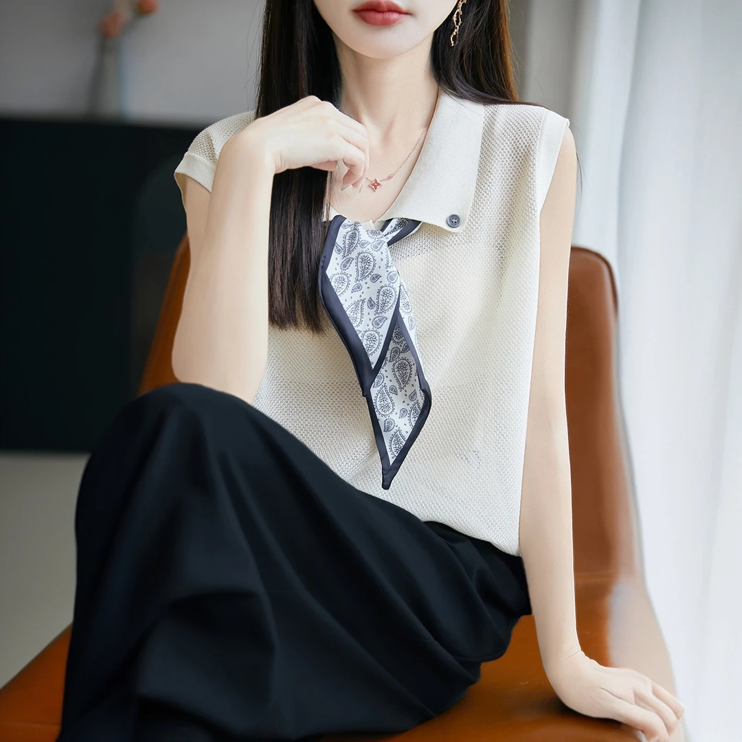 夏季薄款翻领天丝亚麻无袖上衣女外穿宽松减龄小香风时尚针织背心