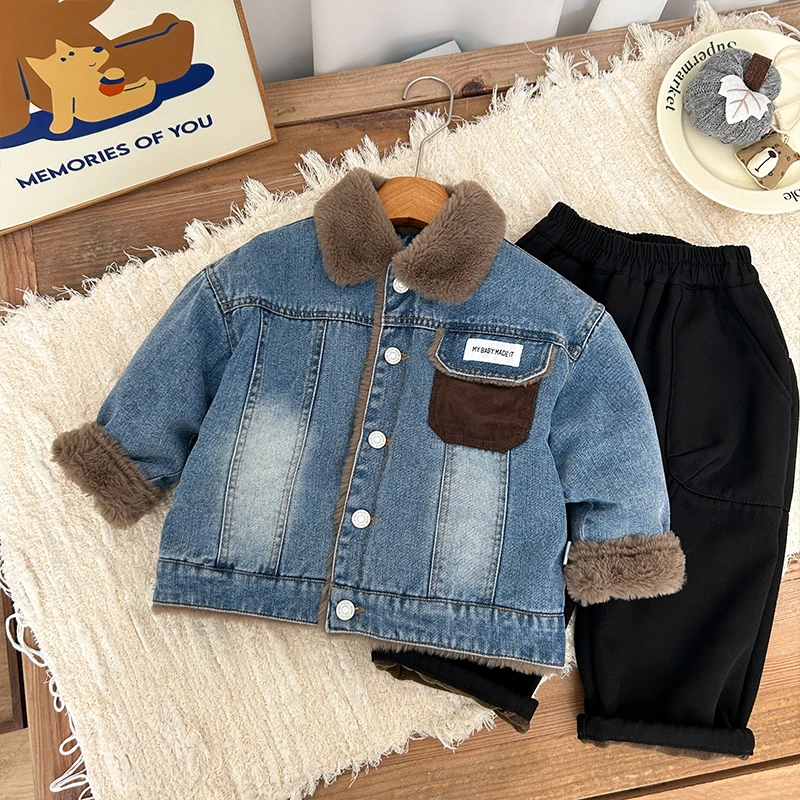 【斑马】男童牛仔外套2024新款儿童翻领加绒衬衣冬款外套BMD3669