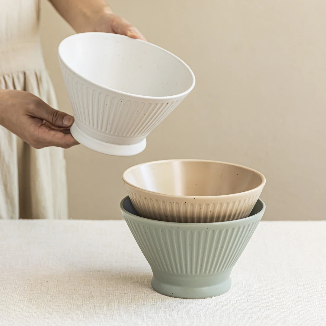 YE HOME 日式竖纹陶瓷碗斗笠沙拉碗纯色米饭碗汤碗早餐面碗水果碗