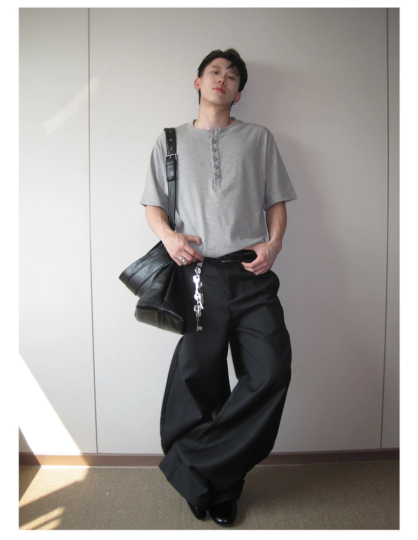 FEEL UP 夏季高级感亨利领坑条短袖T恤男韩系松弛感上衣