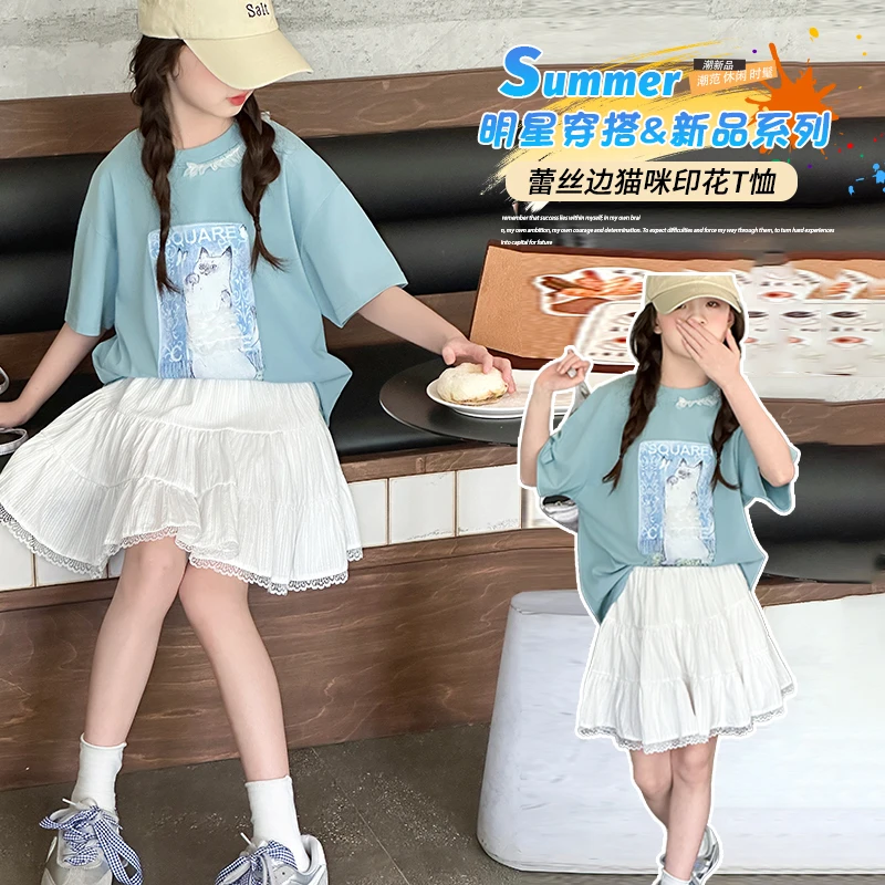 女童短袖t恤夏季2025新款儿童洋气时髦夏装大童蕾丝花边时尚上衣