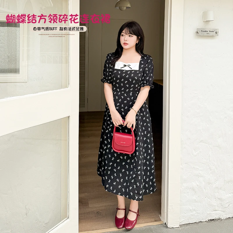 【霏霏专属】春新款大码女装200斤胖mm蝴蝶结方碎花连衣裙-Y-261