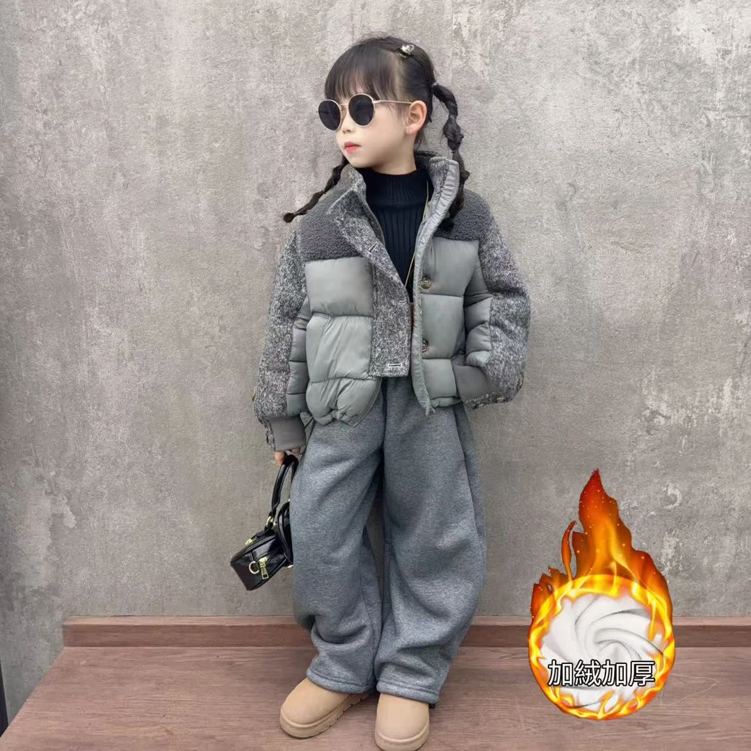 女童冬季新款套装女孩韩系羊羔毛拼接棉服时髦加绒弯刀裤两件套