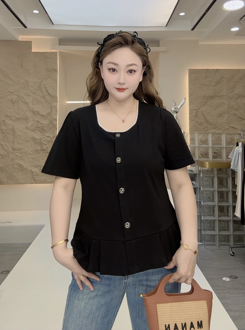 2025夏季新款胖mm大码女法式气质珍珠方领T恤设计感收腰上衣35209