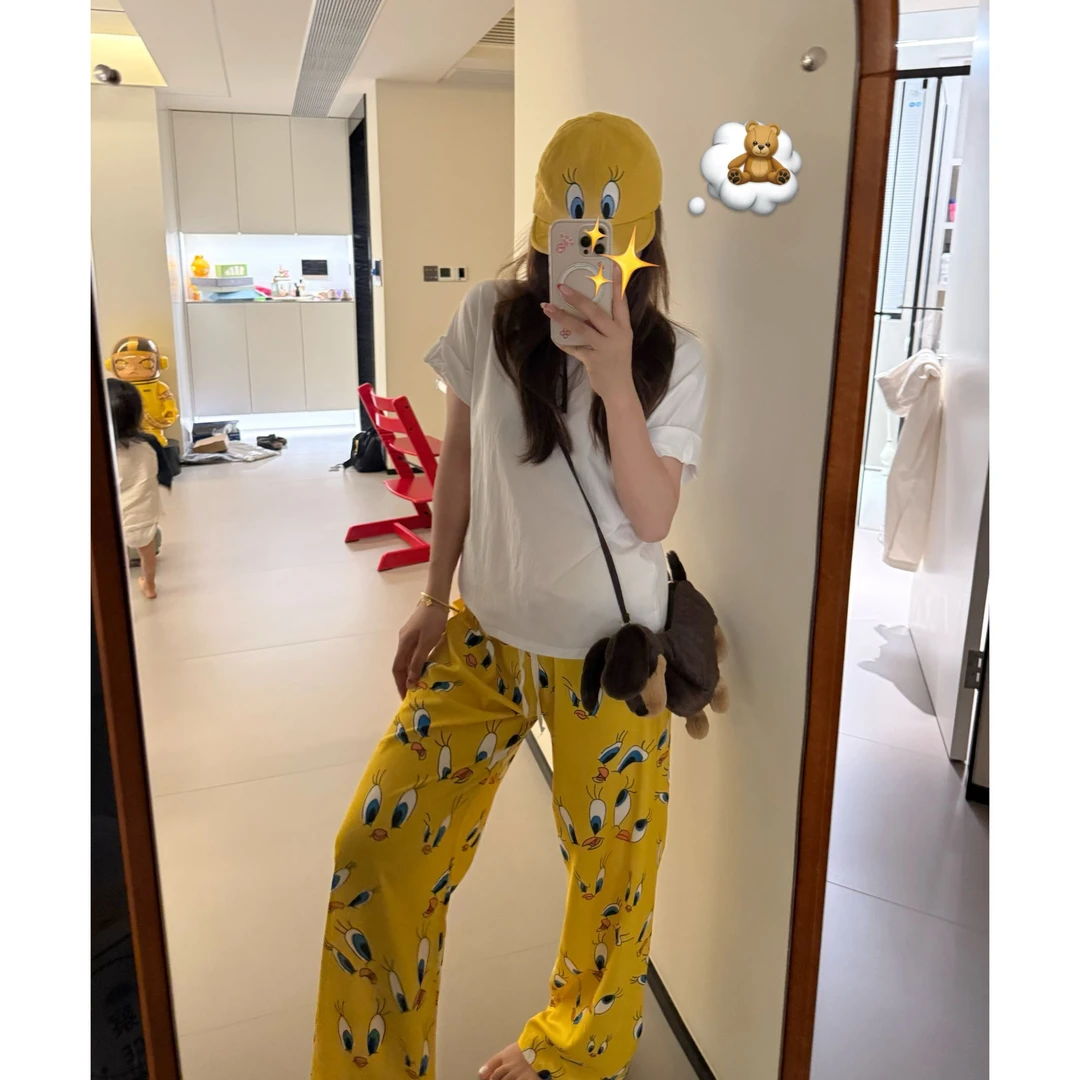 卡通中腰薄款直筒裤学生夏季韩系宽松大码春夏睡裤网红百搭休闲裤