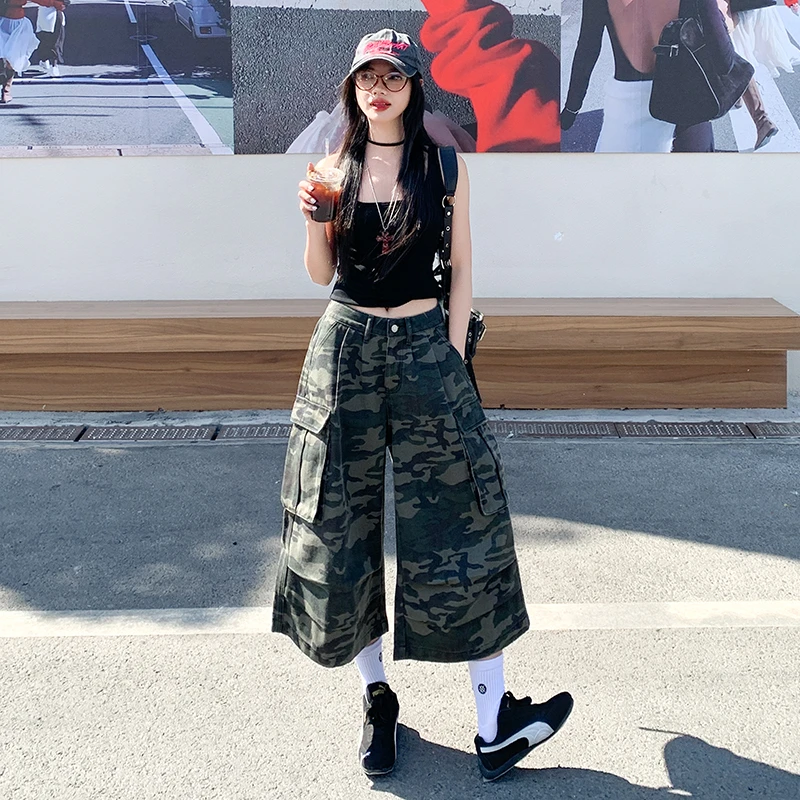 美式七分牛仔裤女2025夏季新款高腰宽松迷彩辣妹直筒工装阔腿短裤