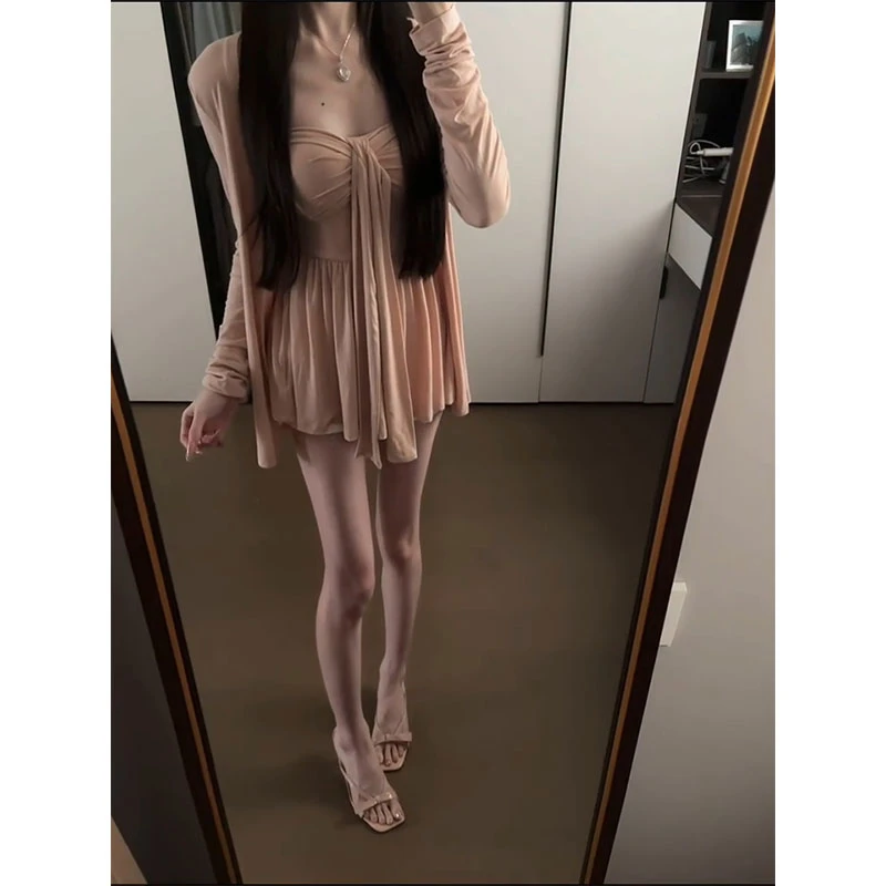 【慵懒姐姐】粉色开衫女夏抹胸韩系千金感温柔纯欲套装+高腰短裤女