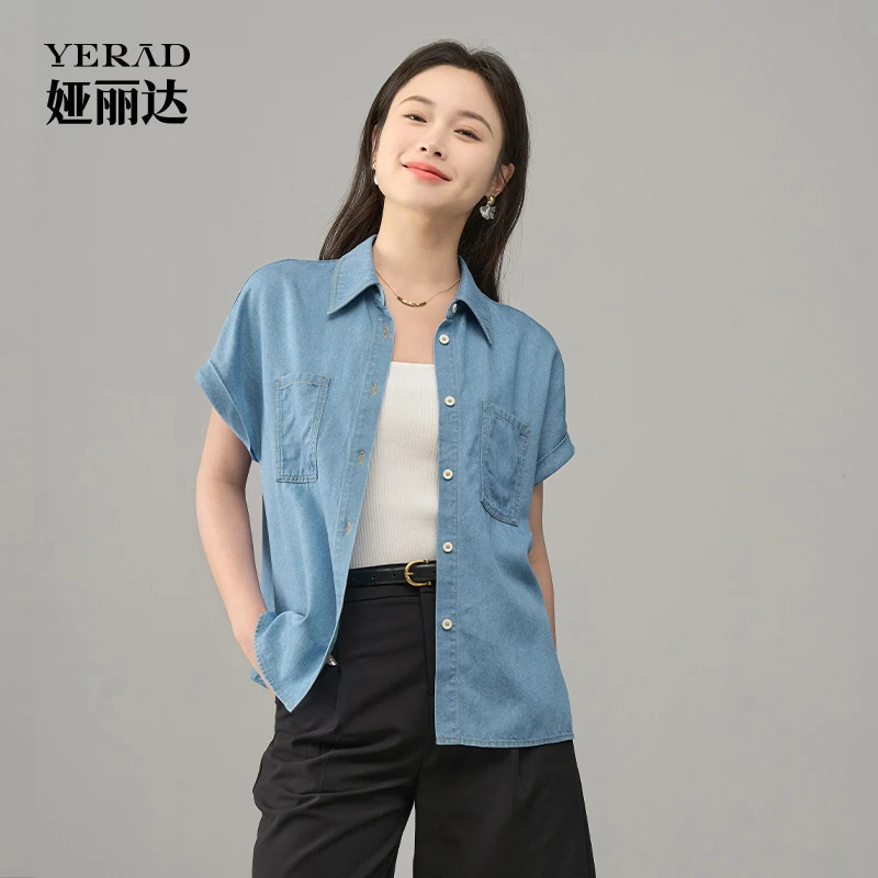 娅丽达复古港风莱赛尔薄款牛仔衬衫女短袖夏季新款飞飞袖休闲小衫