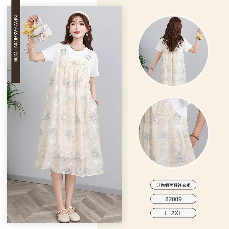 2025 夏季新品时尚假两件短袖连衣裙-82089