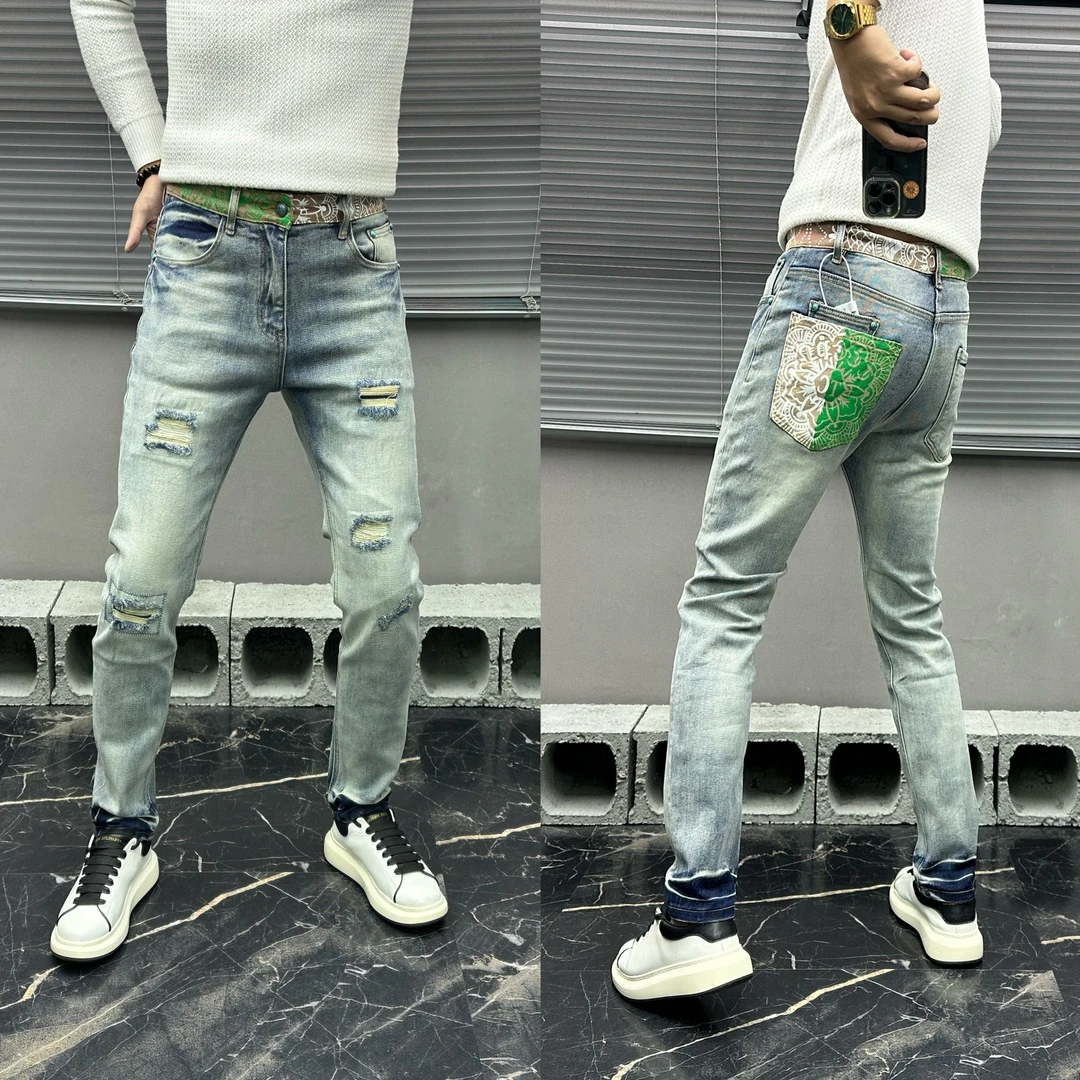 欧货腰花设计感破洞补丁浅蓝色牛仔裤男休闲小脚个性痞帅秋冬季潮