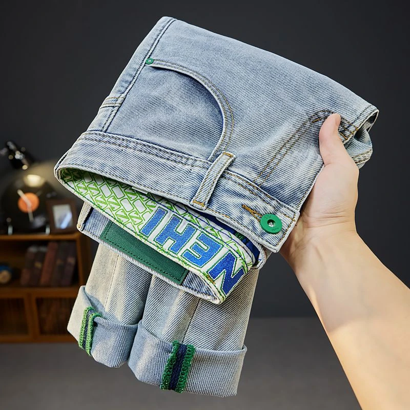 四季通用刺绣夏季水洗撞色牛仔裤直筒修身薄款裤子浅色小直筒