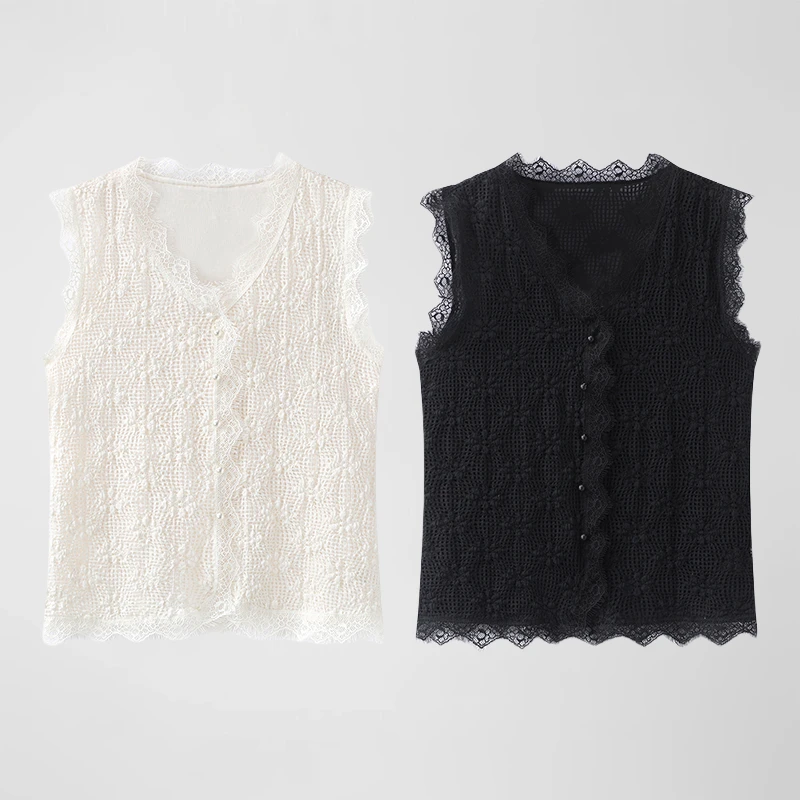 时尚潮流百搭单排扣蕾丝打底衫2025新款韩系无袖上衣女