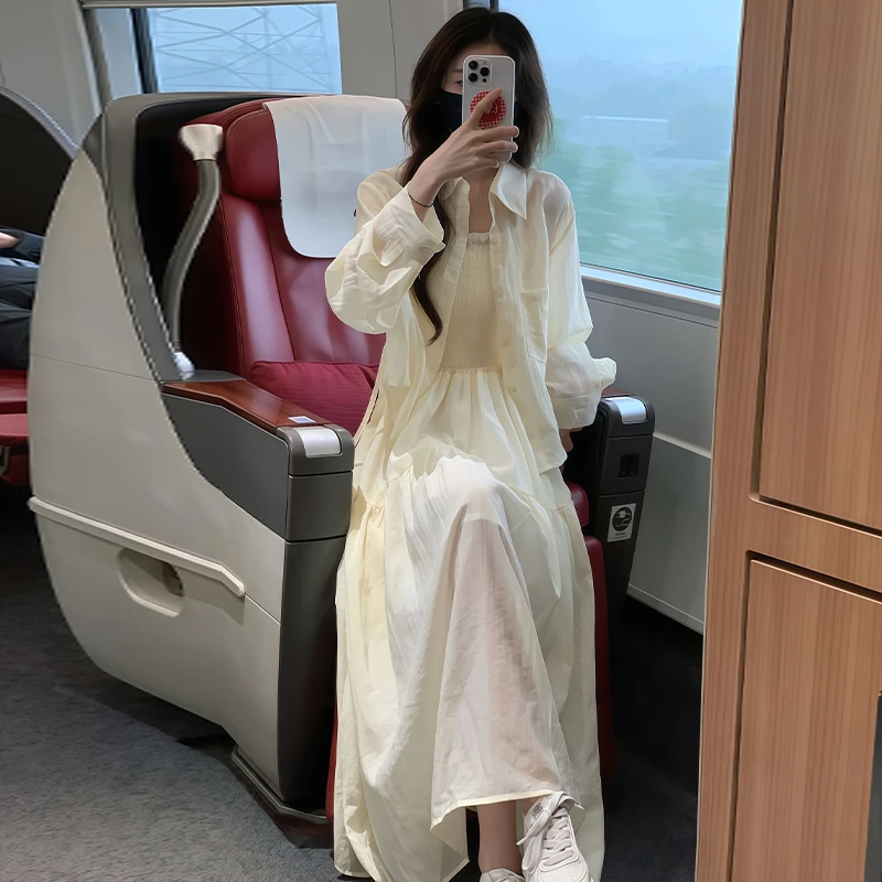法式时尚小清新套装女2025年夏季新款休闲吊带长裙宽松衬衫两件套