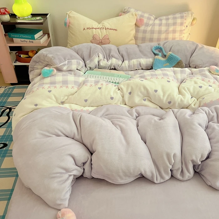 A类少女甜心毛球混搭工艺蝴蝶结刺绣牛奶绒四件套