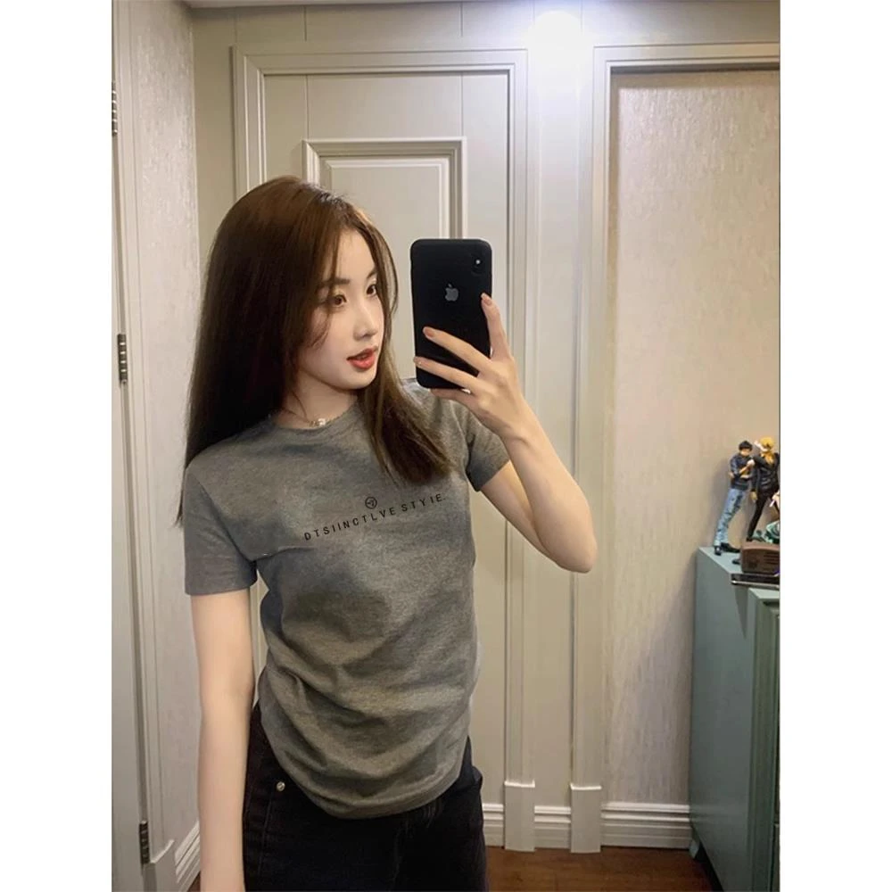 美式复古修身灰色正肩短袖t恤女夏季ins气质高级感别致圆领上衣