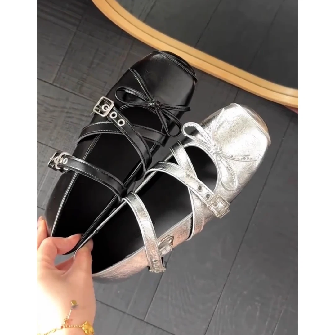 赵思露同款玛丽珍银色蝴蝶结小单鞋女2025夏季新款复古芭蕾平底鞋