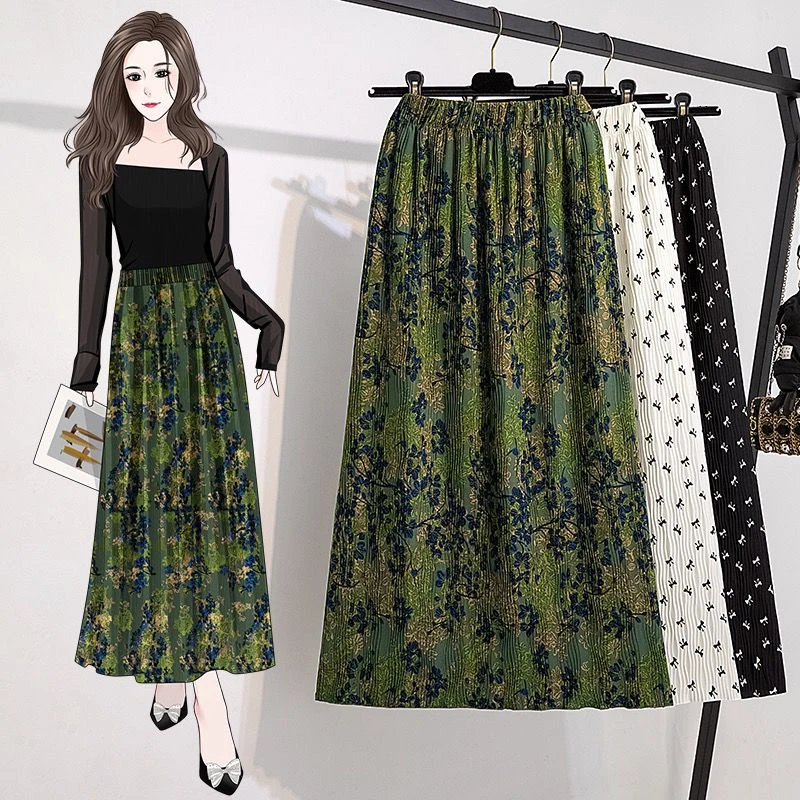 夏季碎花压褶显瘦半身裙高级感气质松紧腰防走光裙子长款6686