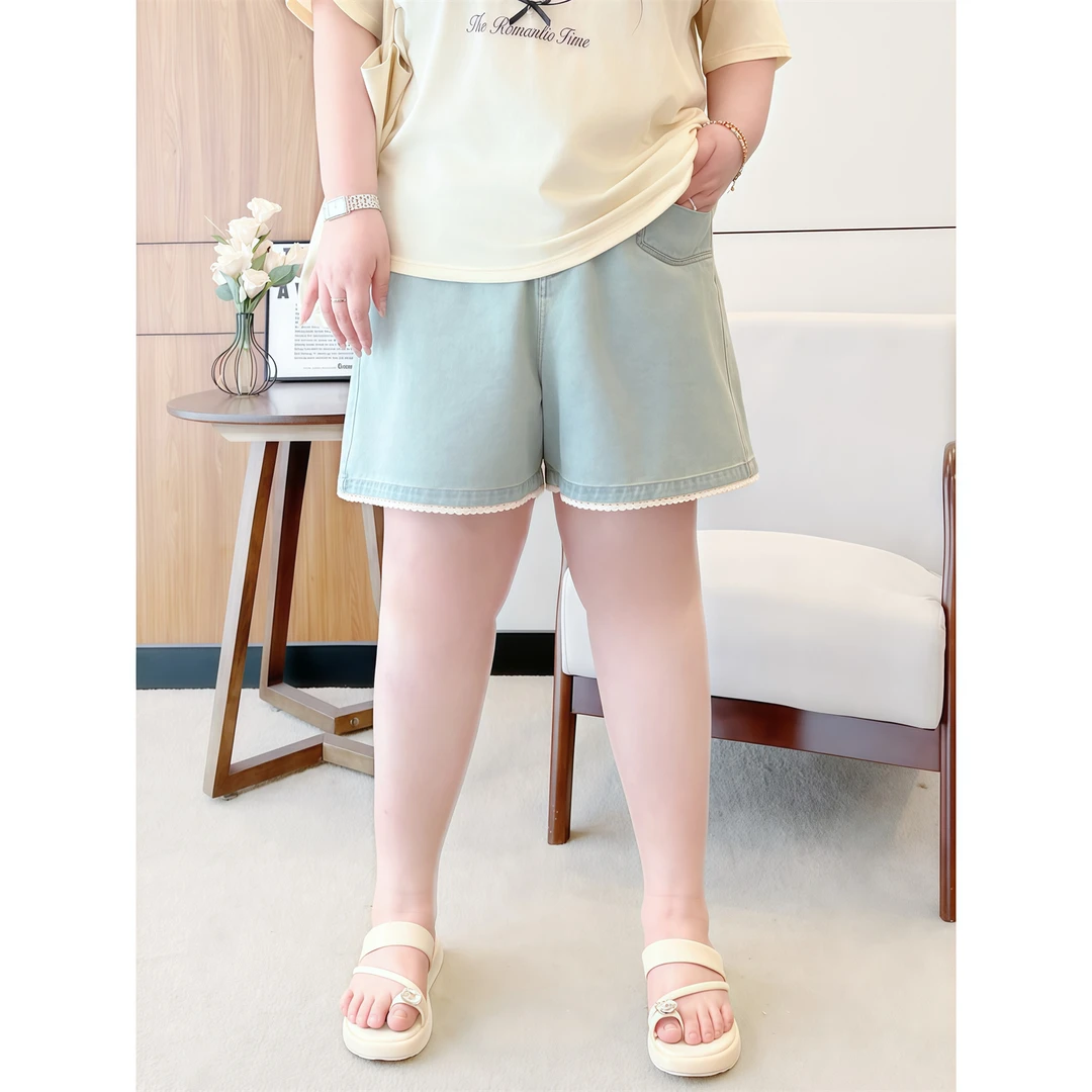 大码女装夏季气质百搭时尚花契200斤胖mm蕾丝边阔腿牛仔短裤4308