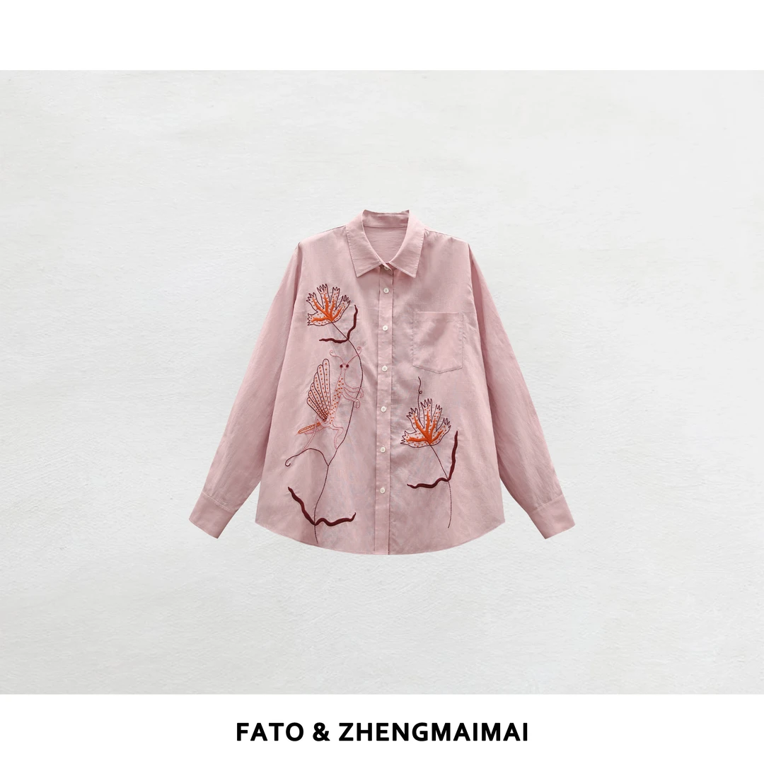 【郑买买】粉樱绣语 小众少女感显瘦减龄气质时尚刺绣衬衫YZ50628C4